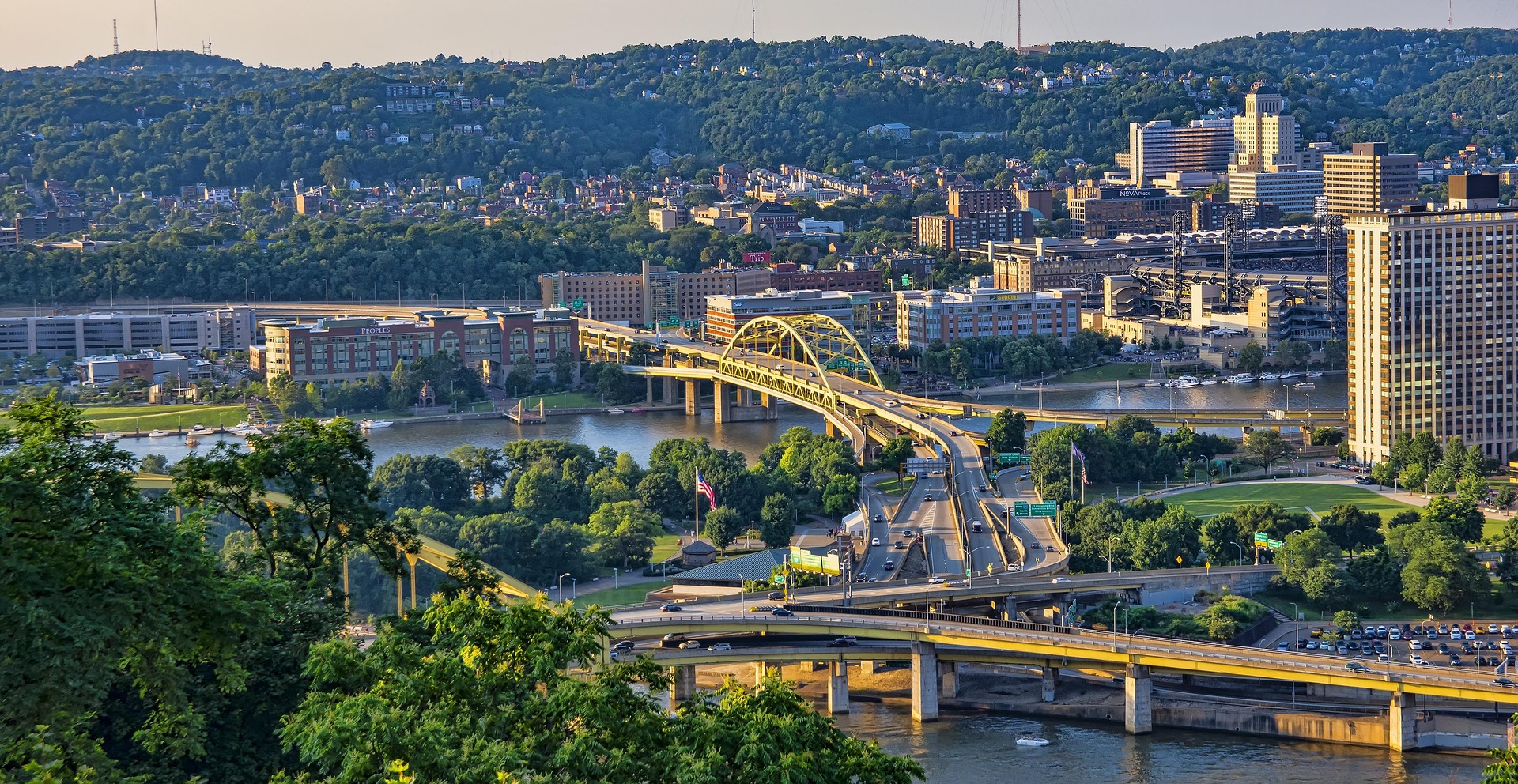 The Pittsburgh skyline and Fort Pitt Bridge at the confluence of the three rivers